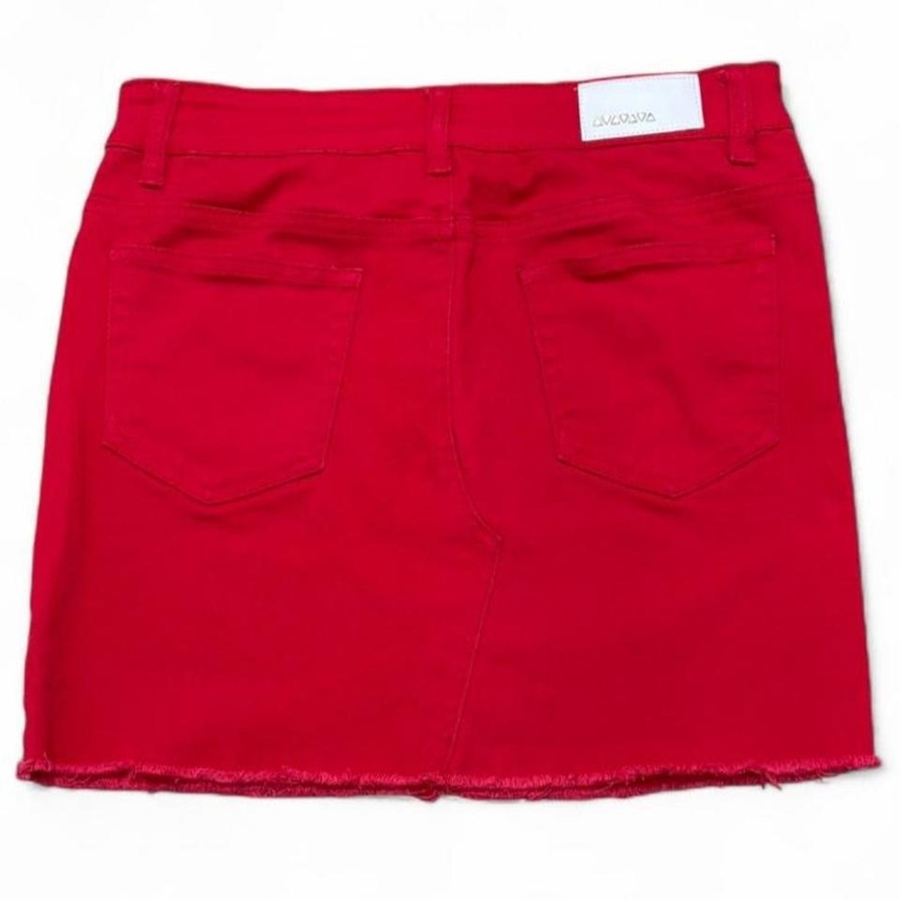 Denim Mini Skirt Cherry Red Vintage-Vibe Dollhouse Frayed hem Size 9 Y2K grunge - Picture 3 of 8
